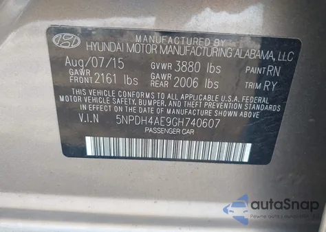 2016 Hyundai Elantra Value Edition z USA, uszkodzony, nr VIN 5NPDH4AE9GH740607